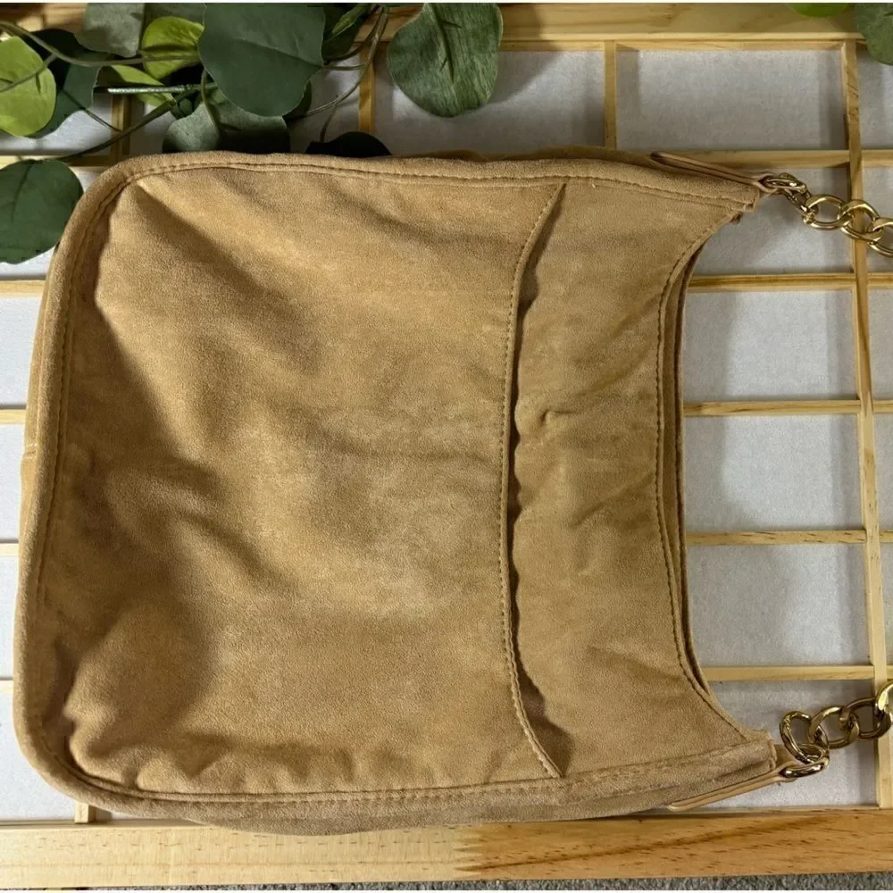 AH DORNED women’s tan brown suede shoulder bag and gold link chain strap
